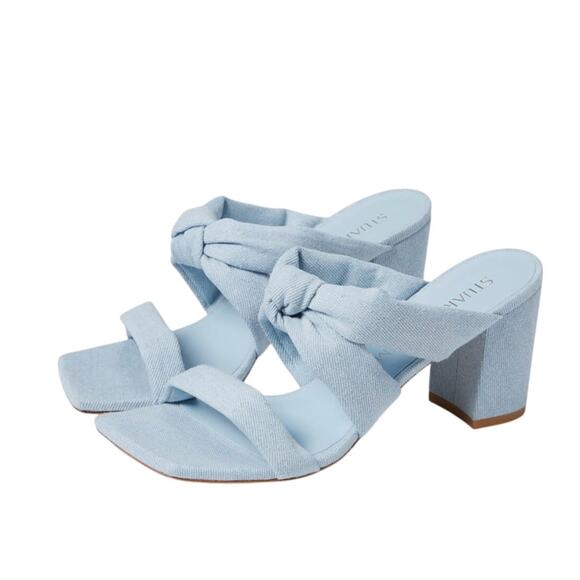 Stuart Weitzman Womens Playa 75 Knot Block Heel Sandals 9.5M Blue Denim NWOB - Picture 1 of 12